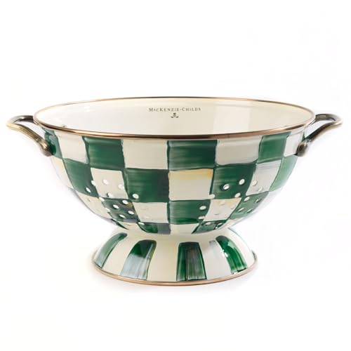 Image of MACKENZIE-CHILDS Enamel Colander, Decorative Kitchen Strainer, Large, Green-and-White Emerald Check