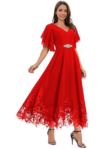 Mother of The Bride Dresses for Wedding for Women Tea Length Chiffon Lace Appliques Formal Evening Dresses