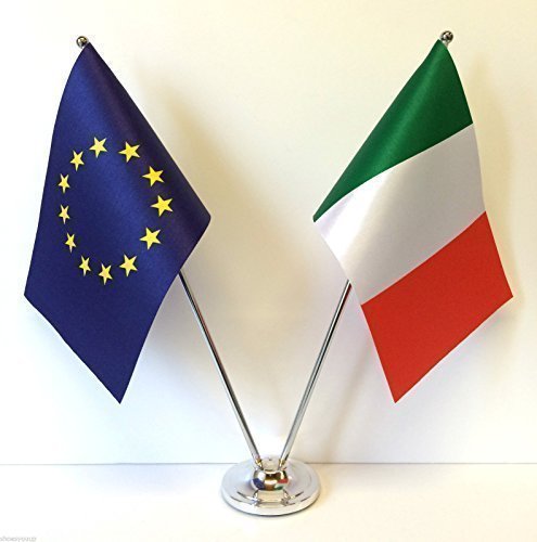 Drapeaux UE et Italie de bureau en chrome satiné - Set de table officiel