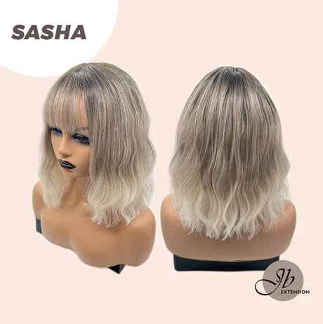 Miniatura 7 de SASHA - Peluca corta ondulada con flequillo, mezcla de rubio, balayage, rizada, longitud al hombro, sin pegamento, para fiesta, Halloween, pelucas