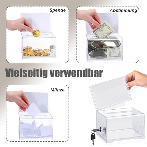 Acrylspendenbox, Spendenbox Abschließbar, Wahlurne Transparent mit Schlüssel Schloss, Verdicktes Acryl, Spardose Transparent, mit Aufkleber, für Abstimmungen, Gewinnspiele, Wettbewerbe