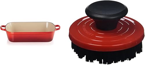 Le Creuset Rostador rectangular de hierro fundido esmaltado, 7 cuartos de galón (12.8 x 18.7 pulgadas), cepillo de cerise y nailon, 3 14 pulgadas,