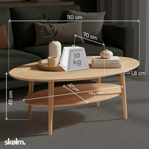 skølm Mjölnir Couchtisch oval – Wohnzimmertisch aus Eiche Massivholz – Sofatisch mit 2 Ablagen – kleiner Beistelltisch Natur geölt – Holztisch Wohnzimmer mit Stauraum – Coffee Tablen 70x110 cm – Bild 3