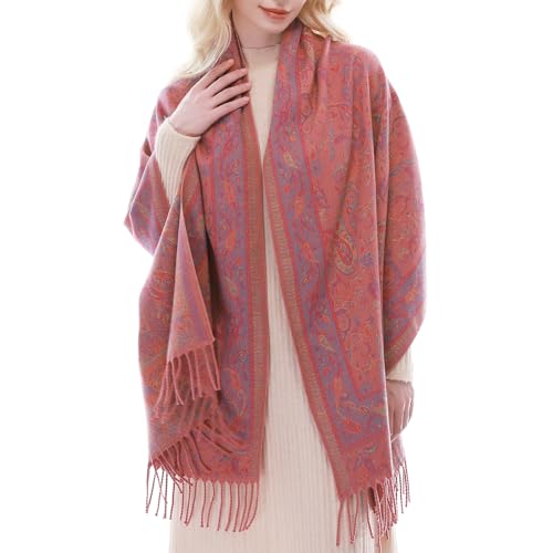 RIIQIICHY Reversible Pashmina Scarf for Women Jacquard Shawl Wrap Scarves Pink/Orange/Purple