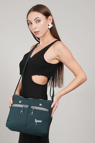 Image of Lasso Sling Bag For Women with Adjustable Strap Stylish Ladies Crossbody Polyester Sling Bag for Office, Causal, Travel & College | 7L Capacity & front double Pockets -Green Grey