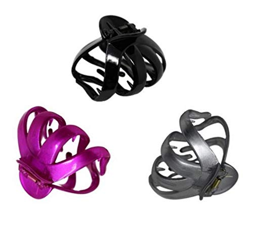 Octopus Plastic Hair Claw Clip Butterfly Bull Dog Design, Large Grip for Thick Hair (Set of 3 (Black/Magenta/Silver))