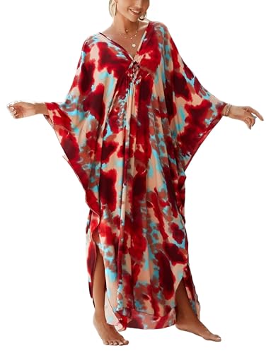 Image of IMAGEKOPE Women's Plus Size Animal Print V-Neck Batwing Kaftan Beach Dress Bathing Suit Cover-Up Loungewear