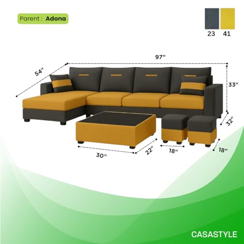 Image of CASASTYLE Dreamon 8 Seater Fabric LHS L Shape Sofa Set with 1 Centre Table & 2 Puffy (Yellow-Dark Grey) | Velvet Finish | Comfortable Sectional Sofa for Living Room