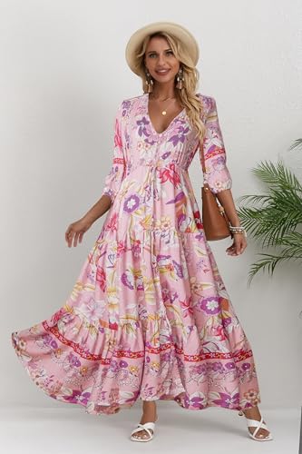 Image of Women Short Sleeve V Neck Floral Print Casual Bohemian Maxi Dresses
