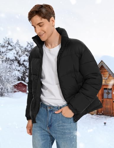 PEHMEA Men’s Puffer Jacket Stand Collar Zipper Coat with Pockets Retro Bubble Outwear for Winter2