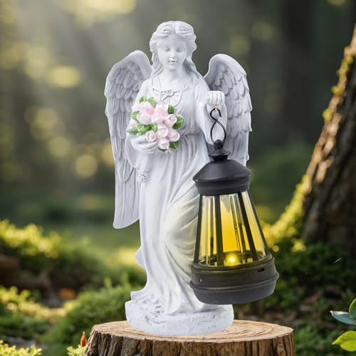 Solar Engel Gartenstatuen, LED-Schutzengel-Figur mit LED Solar Laterne, Grabschmuck Outdoor Deko, Wetterfest Friedhof Gartendeko, Gartendeko Figuren für Herbstdeko Hof, Friedhof, Terrasse, Fensterbank