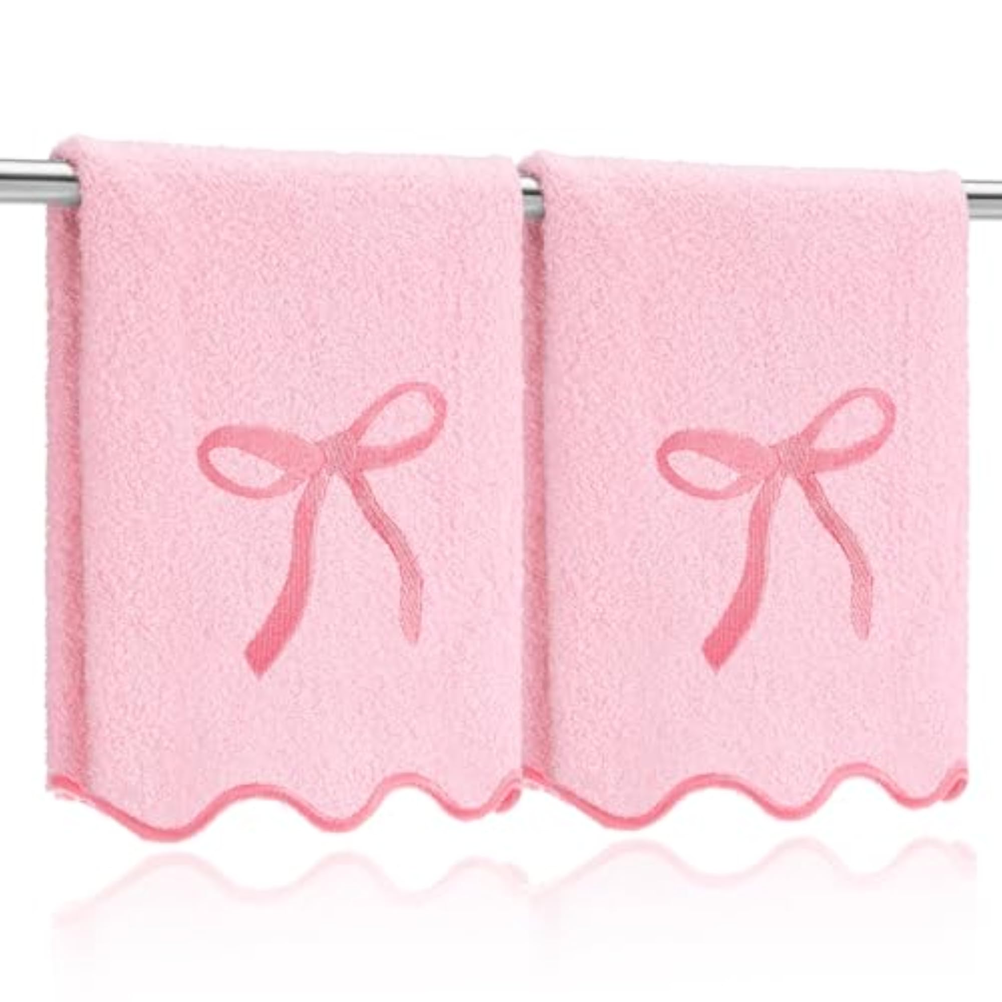 2Pcs Scalloped Pink Bow Fingertip Towels for Bathroom