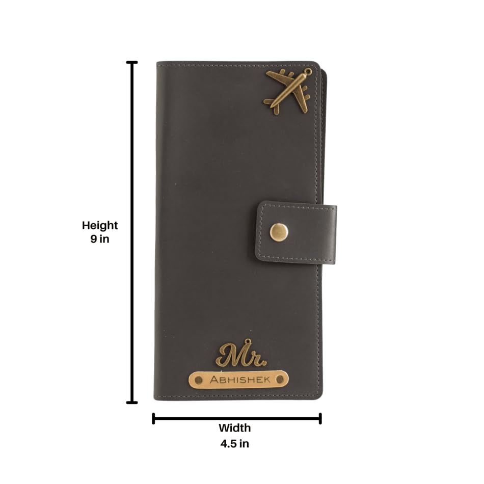 Image of AICA Personalized Name & Charm Long Leather Wallet Passport Cover with Passport, Boarding Pass, Currency, Card Slot & Coin Holder for Men & Women (Grey) | Customised Gifts for Men Women