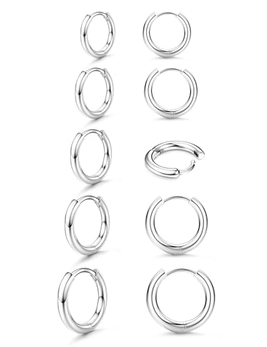 BESTEEL 5 Pairs Small Sterling Silver Post Hoop Earrings Set for Women Lightweight Tiny Huggie Hoops...