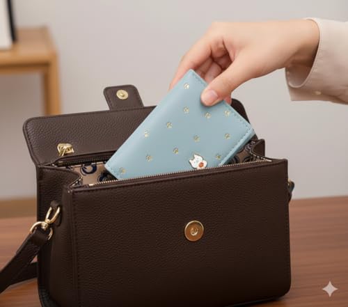 Image of INOVERA (LABEL) Cute Small Wallet for Womens & Girls - Stylish Faux Leather Tri-Fold Cash, Card Holder Hand Purse (Light Blue)