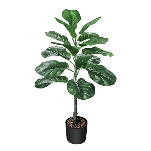 Leasen Fiddle Leaf Fig Tree Artificial , 28 Inch Fake Tree Artificial Plant, Artificial Plant with 14 Leaves, Floor Plants with Plastic Pot for Indoor Outdoor Home House Office Modern Decoration