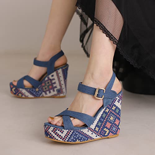 Gicoiz Denim Espadrilles Women Platform Wedge Heel Sandals3