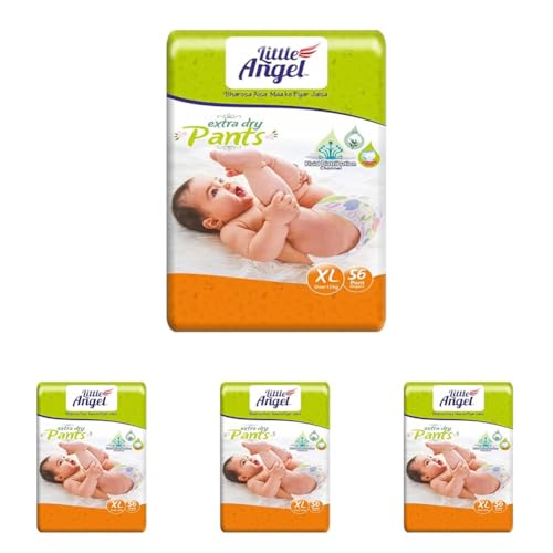 Image of Little Angel Extra Dry Baby Pants Diaper, Extra Large (XL) Size, 56 Count, Super Absorbent Core Up to 12 Hrs Protection & Wetness Indicator, Pack of 4, Over 12kg