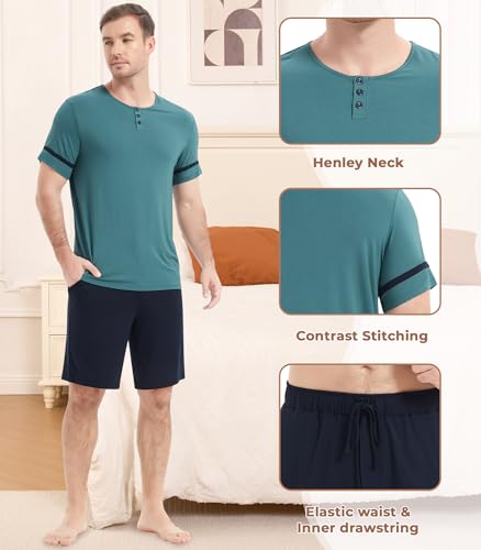 Image of NACHILA Pajamas Set for Men-Viscose Made from Bamboo, Short Sleeve Sleepwear Cool Pjs with Shorts Pants Soft Loungewear