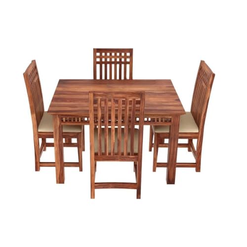 Image of AS Arts Sheesham Wood Rectangular 4 Seater Dining Table Set of 4 with Cushioned Chairs for Home & Dining Room | Solid Wood | Natural Honey Finish