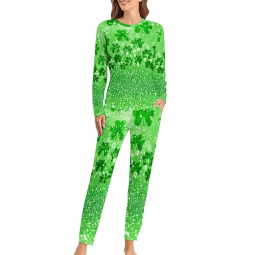 Pyjama femme feuilles vertes pailletées avec t-shirt et pantalon