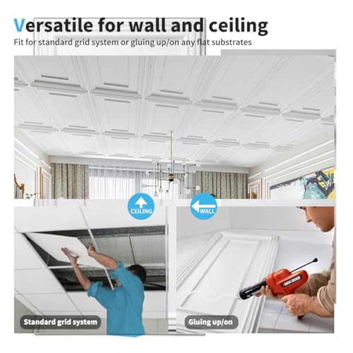 Image of Art3d Drop Ceiling Tiles, 24x48in. White (12-Pack), Polyvinyl Chloride (PVC), Glue Down