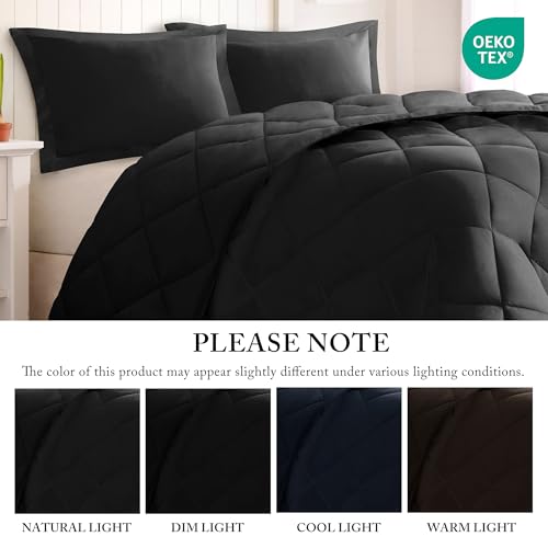 Image of Madison Park Comforter Set, Reversible Down Alternative All Season Microfiber Bedding, 3M Scotchgard Stain Release, King Dorm Comforter, Black /Black