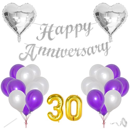 Image of Flyloons 30th Happy Anniversary Decoration Items Purple for Men Women Husband Wife Mom Dad Parent Couple Home Bedroom Car With 20 Pcs Metallic Balloons Anniversary Banner 2 Pcs Heart Set Kit