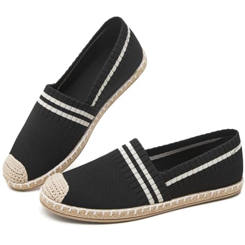 FINIWOR Espadrilles for Women Black Flat Shoes Women White Ballet Loafers Breathable Soft Casual Walking Slip On Shoes Women(Black 07)