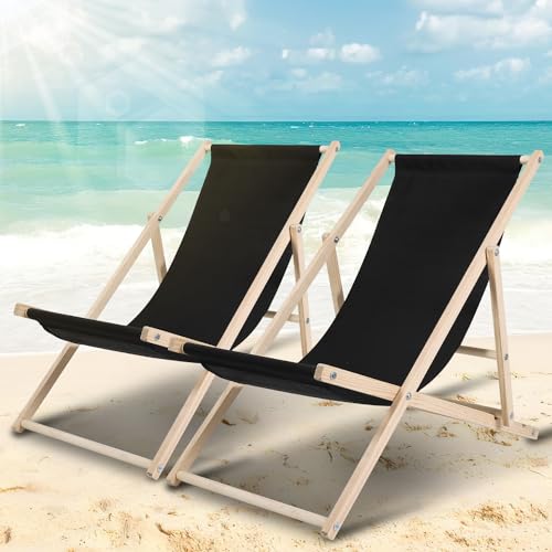 ISOISL 2er Set Liegestuhl klappbar Holz Strandstuhl Bis 150 kg Sonnenliege strapazierfähiger Klapp- Garten Strand Camping- und Reisebegleiter (schwarz)
