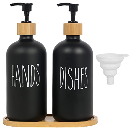 Luabue 2Pcs Soap Dispenser Kitchen Hand & Dish Wash Dispenser Washing Up Liquid Dispenser Black Glass Soap Dispenser 500ML with Bamboo Pump &Tray for Bathroom Countertop Laundry Room Shampoo Lotion