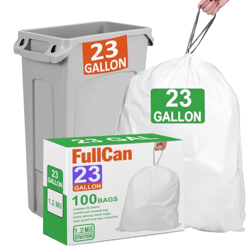 23-33 Gallon White Drawstring Heavy Duty 1.2 MIL THICK Trash Bags Compatible with Rubbermaid Brute & Winco 23-33 Gallon Slim Jim Trash Bags Sturdy & Tear-Resistant 100 Count White