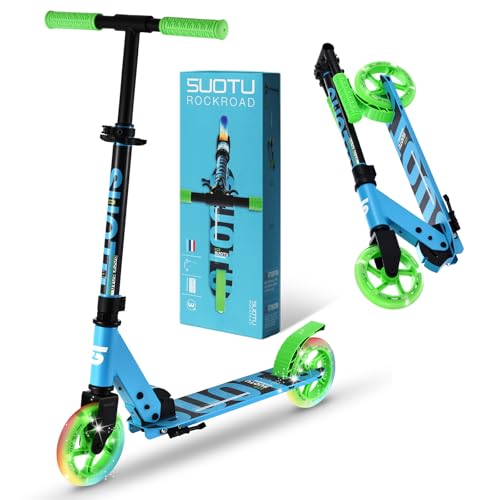 SUOTU Roller Kinder mit 145 mm Rollen, Scooter mit Leuchtrad für 3-12 Jahren, Zusammenklappbarer, Höhenverstellbarer, Cityroller for Boys and Girls, Aluminium (Blau und Grün)