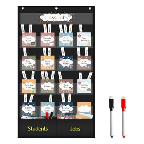 Boczif Class Jobs Pocket Chart, Teacher's Helper Classroom Management Educational Pocket Chart, Class Jobs for Preschool Classroom Must Haves Supplies, Classroom Jobs Bulletin Board Set (Black) Cover
