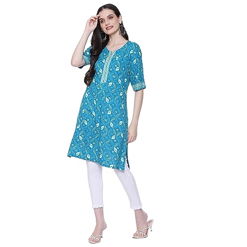 Image of Rangriti Teal Blue Liva Straight Printed Kurta for Women