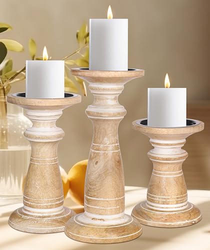 Hand Crafted Wooden Pillar Candle Holders Set of 3 Ideal for LED and Pillar Candles Gifts for Wedding Christmas Party Spa Reiki Aromatherapy Votive Candle Gardens 10 8 6 Inch White Wash