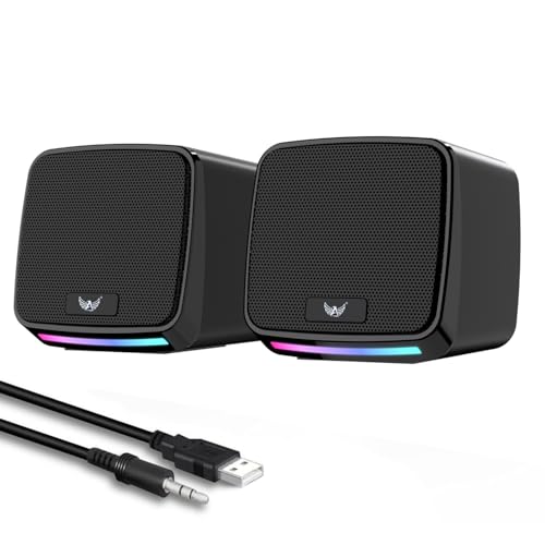 Alto-falantes RGB para PC, alimentação USB, conector de áudio de 3,5 mm, compacto, preto