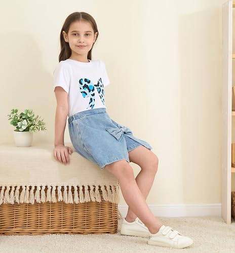 Image of Azmxynol Kid Girls Clothes Outfits Bowknot T-Shirt + 2 In 1 Denim Short Skort Summer Clothing Set, Size 4-10 Years