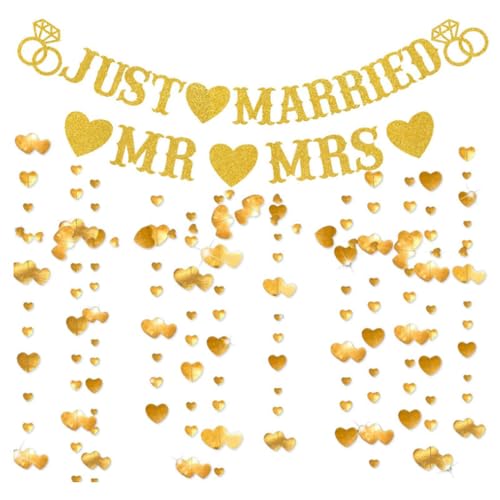 Image of Just Married Party Decorations, Gold Glitter Just Married Mr & Mrs Banner with Heart Garland for Bridal Shower Engagement Wedding Party Decorations Supplies