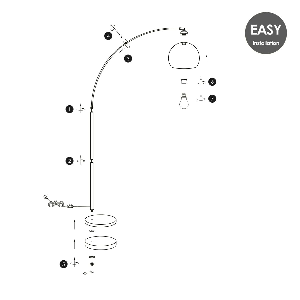 Home Sweet Home Lampada a stelo ad arco nera in metallo 172cm, lampada da terra soggiorno design industriale, lampada ad arco E27 con interruttore a pedale e LED