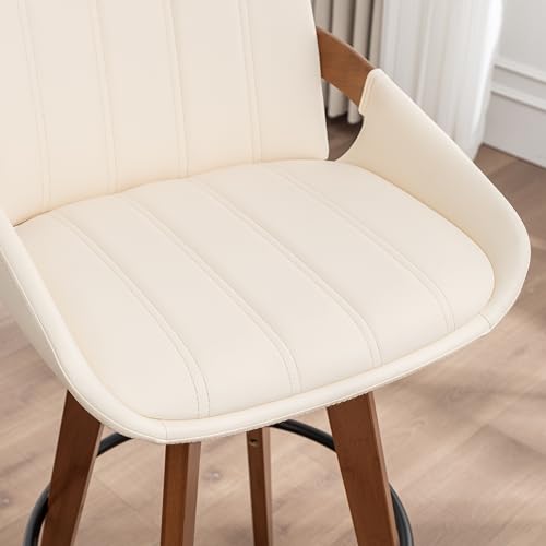 Image of AQG Counter Stools Set of 2, 26.3 Inch Mid Century Modern Counter Height Bar Chairs, Swivel Barstools with Walnut Craft, Faux Leather Upholstered Furniture for Island /Counter (Beige, 26.3 inch-2 PCS)