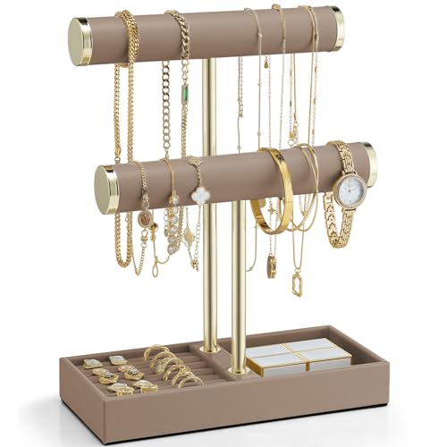Vlando 2 Tier Bracelet Holder with Tray - Leather Jewelry Stand Organizer for Women - Valentines Day Gift Her- Jewelry Holder Display for Necklace, Wa