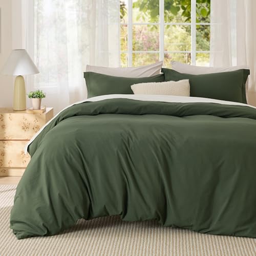 Image of Bedsure Textured Duvet Cover Queen Size - Cotton-Like Polyester Jacquard Duvet Cover Set for All Seasons - 3 Pieces Elevated Dobby Ultra Soft Bedding Set, NO Comforter (Olive Green, Queen, 90 inchx 90 inch)