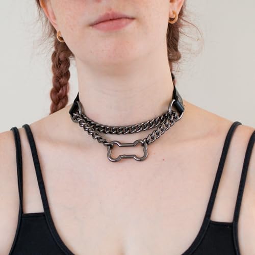 Black/Pink Leather Choker Collar For Women, Handmade Gothic Slip Chain Necklace with Bone Clasp3