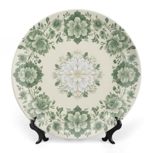 Fanjanmey Flowers Theme Decorative Ceramic Plate Round Porcelain Plate,6 inch,Botanical Watercolor Pattern,for Decorative Ornaments Giving Plates,1 Plate with 1 Display Stand,Green White