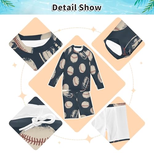 Retro Baseball Print Boys Swimsuit Rash Guard Toddler Kids Long Sleeve Swim Shirt and Trunks Swimwear Set 3-10Y3