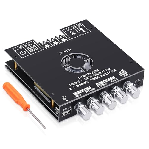 ZK-HT21 Bluetooth Amplifier Board 160W2+220W Subwoofer 2.1 Channel Audio Amplifier Bluetooth Module with Treble and Bass Control AUX/Bluetooth/USB Inputs for Passive Speakers