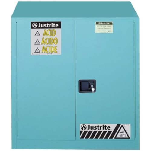 Image of Justrite Acid Corrosive Storage Cabinet - 30 Gallon 2 Door Manual Close Chemical Storage Cabinet with Removable Polyethelene Trays - 24 inch x 35 inch x 36 inch - Made in The USA - Light Blue - 893302