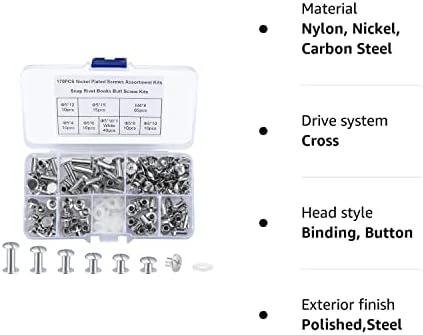 65 PCS Chicago Binding Screws Assortment Kit, 4/6/8/10/12/15mm Screws Nail Rivet Chicago Screw Posts, Chicago Button Rivets for DIY Leather Decoration Bookbinding (Silver)