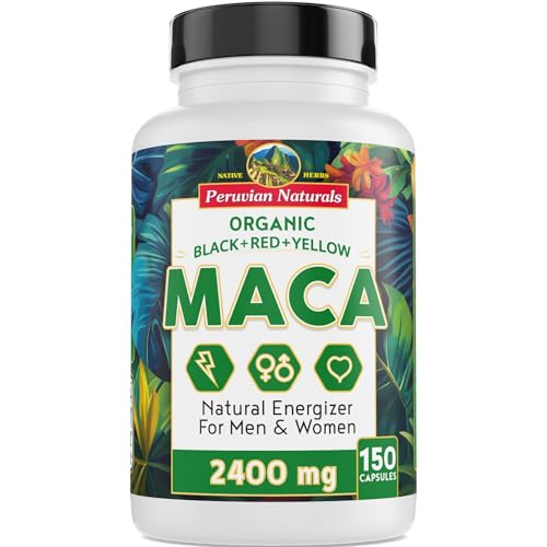 Organic Maca Root Capsules for Women & Men 2400mg per Serving - 150 Pills Black, Red, Yellow Maca